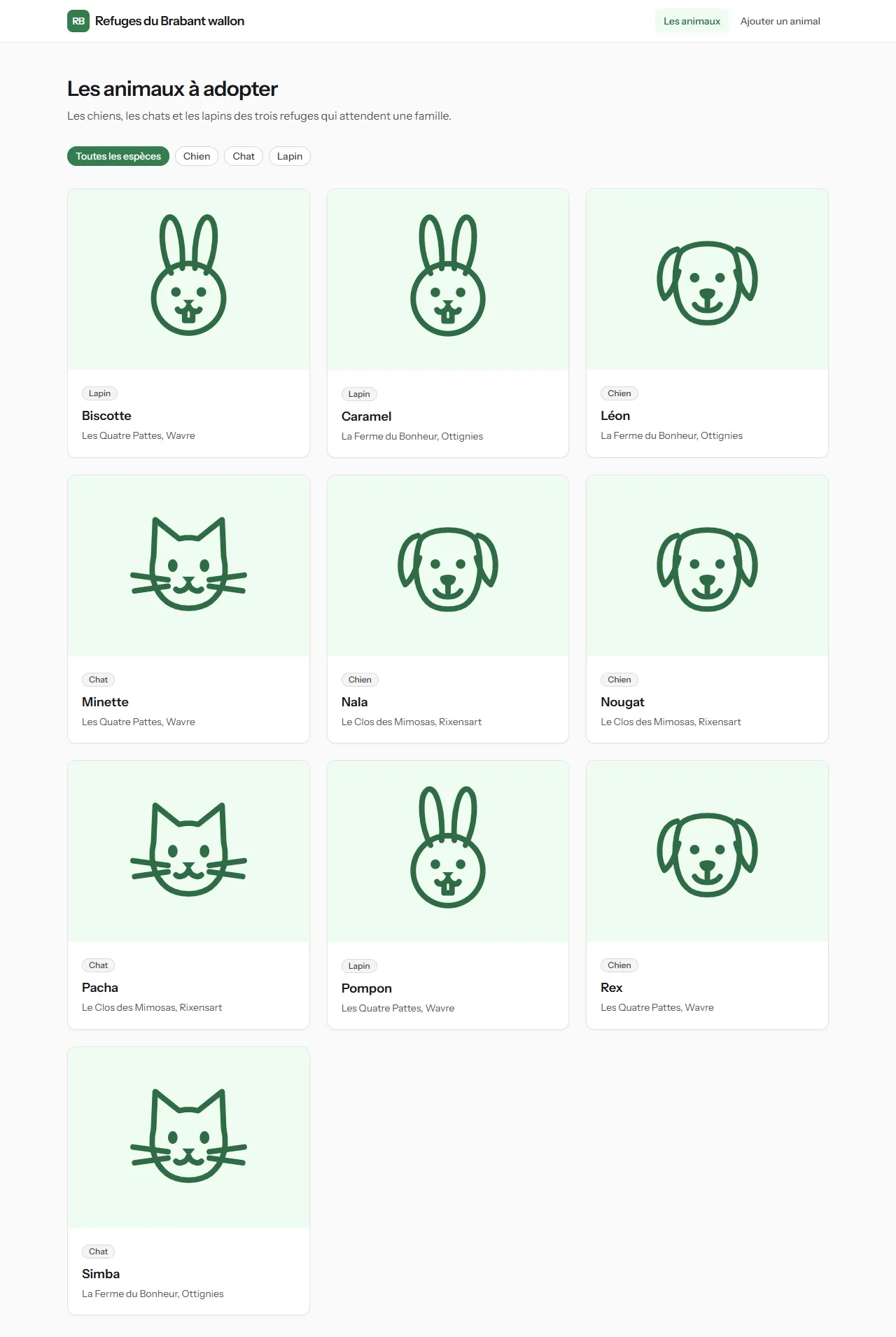 La page /animaux de la solution à 1 280 pixels : les dix animaux à adopter, de Biscotte à Simba, en trois colonnes de cartes, chacune avec le pictogramme de son espèce sur fond vert pâle, un badge d'espèce, le nom et le refuge