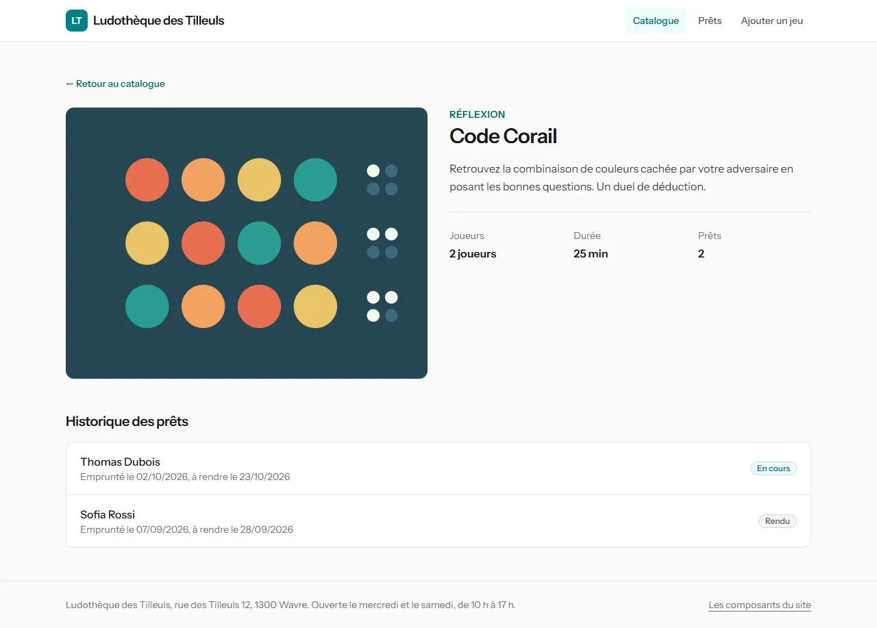 La fiche du jeu Code Corail à 1 280 pixels : la couverture à gauche, à droite la catégorie, le titre, la description et trois chiffres, puis l'historique des prêts dans un cadre, avec un badge par prêt