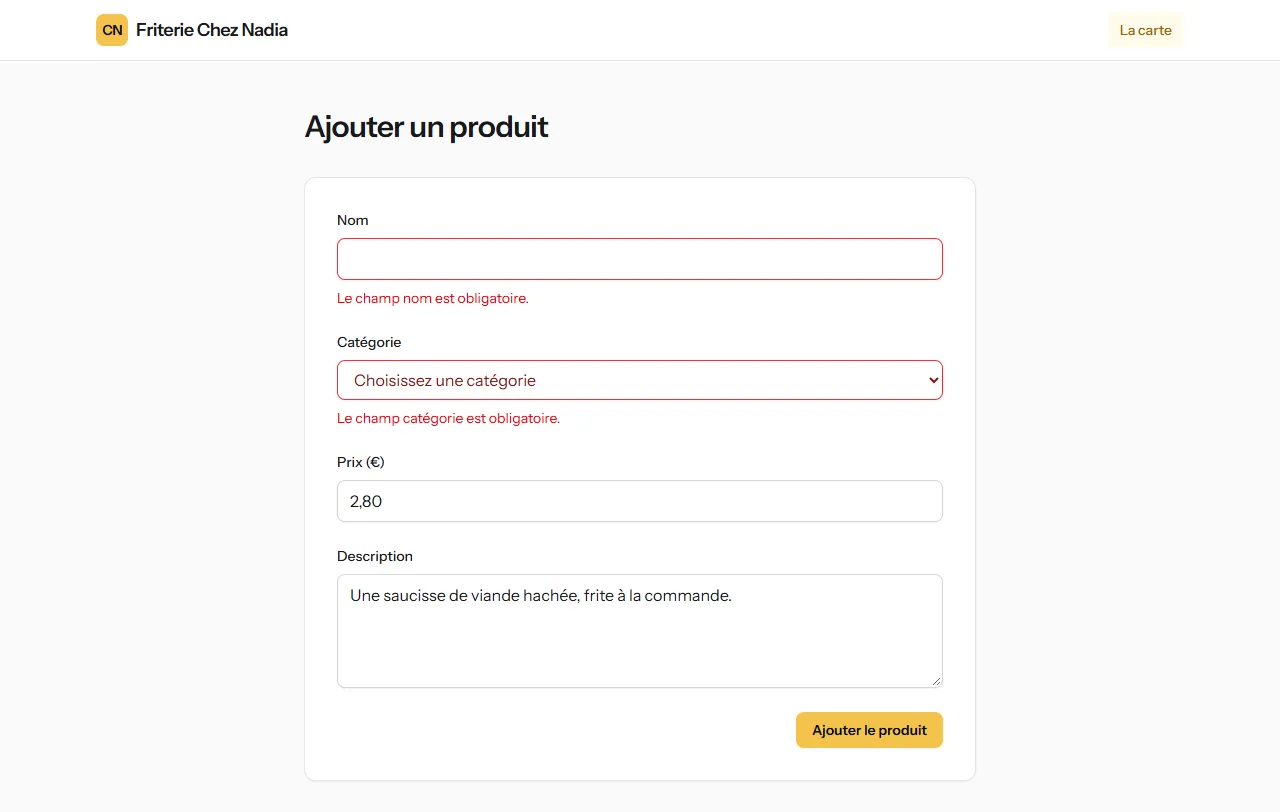 Le formulaire d'ajout : nom et catégorie refusés en français, le prix conservé