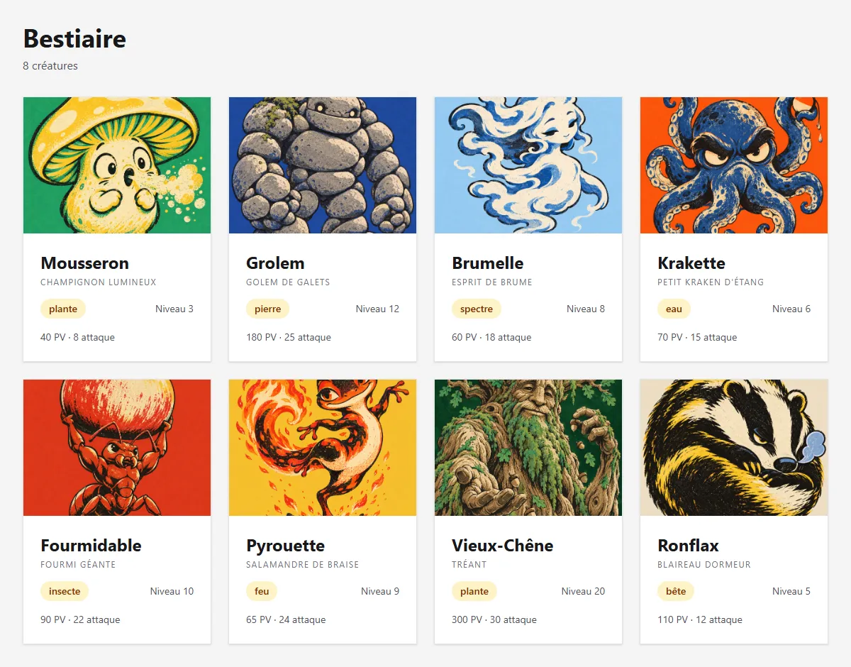 La grille du bestiaire sur grand écran : huit cartes sur deux rangées de quatre, chacune avec le portrait, le nom, l'espèce, une pastille de type, le niveau, les PV et l'attaque de la créature