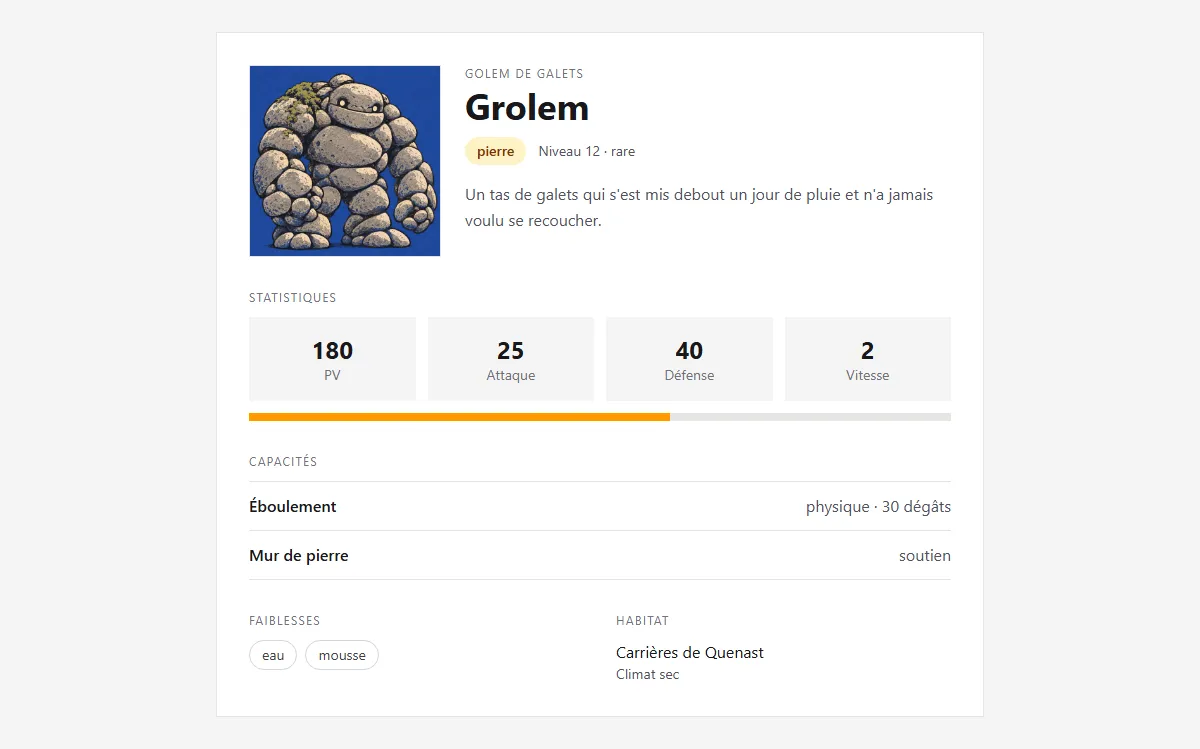 La fiche de Grolem avec, sous les quatre tuiles de stats, une barre de vie remplie aux trois cinquièmes