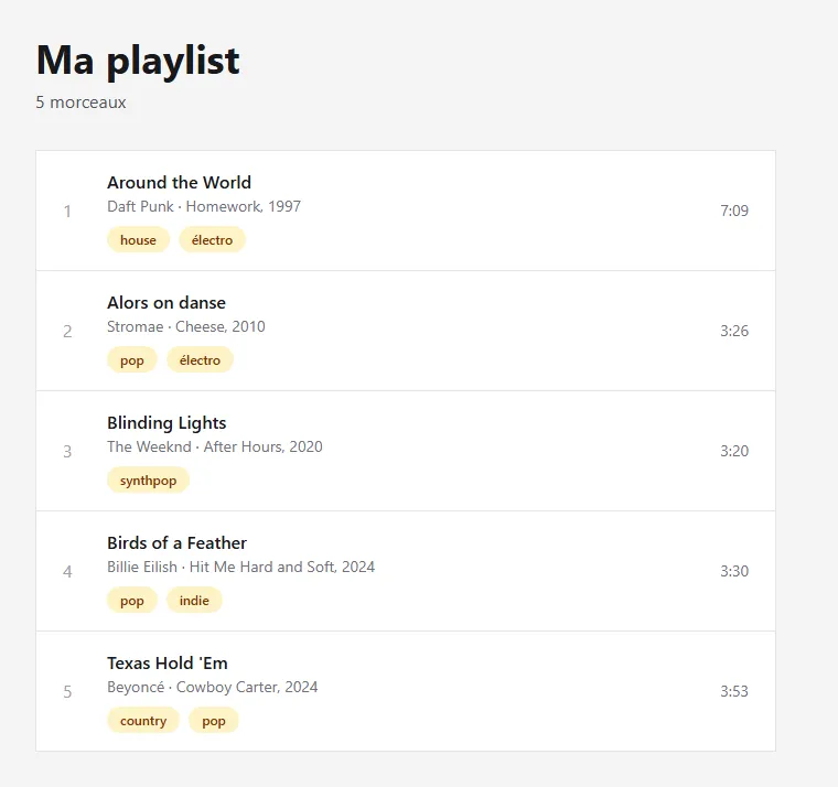 Exemple de rendu : une playlist de cinq morceaux en liste numérotée, avec pour chacun le titre, l'artiste, l'album et son année, les genres en pastilles et la durée à droite