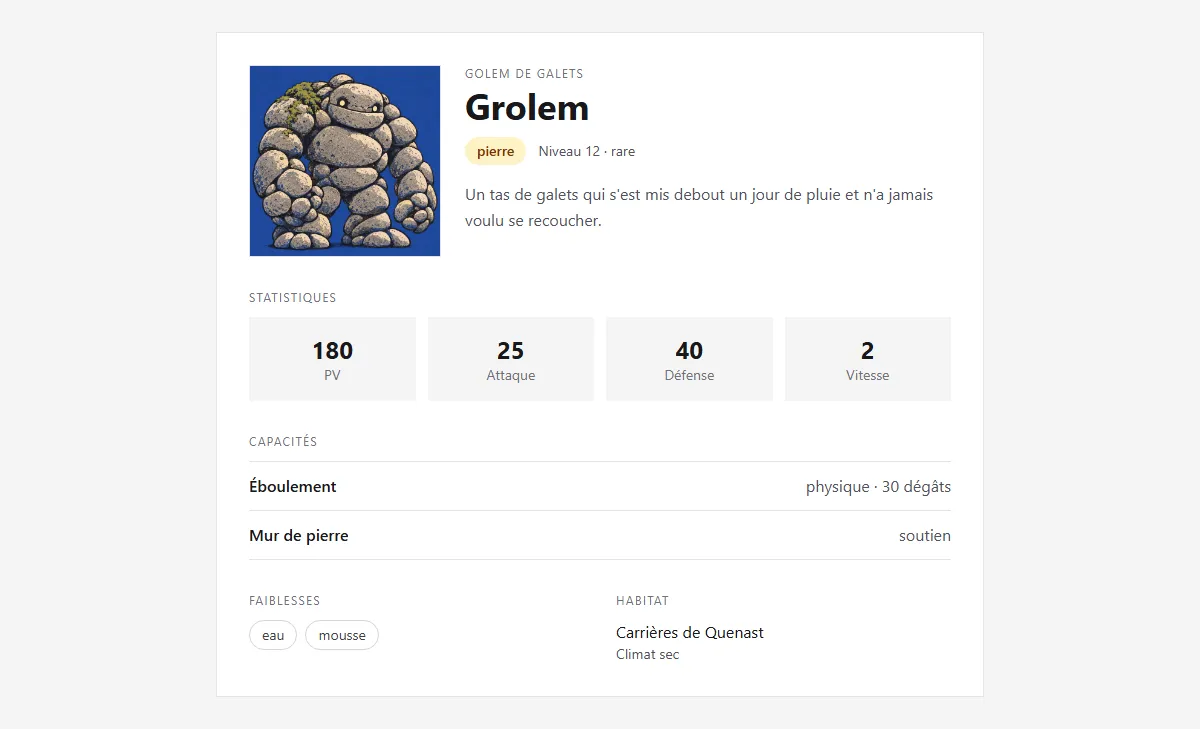 La fiche de Grolem : son portrait, son nom en titre, une pastille « pierre », quatre tuiles de stats, la liste de ses deux capacités, ses faiblesses en pastilles et son habitat